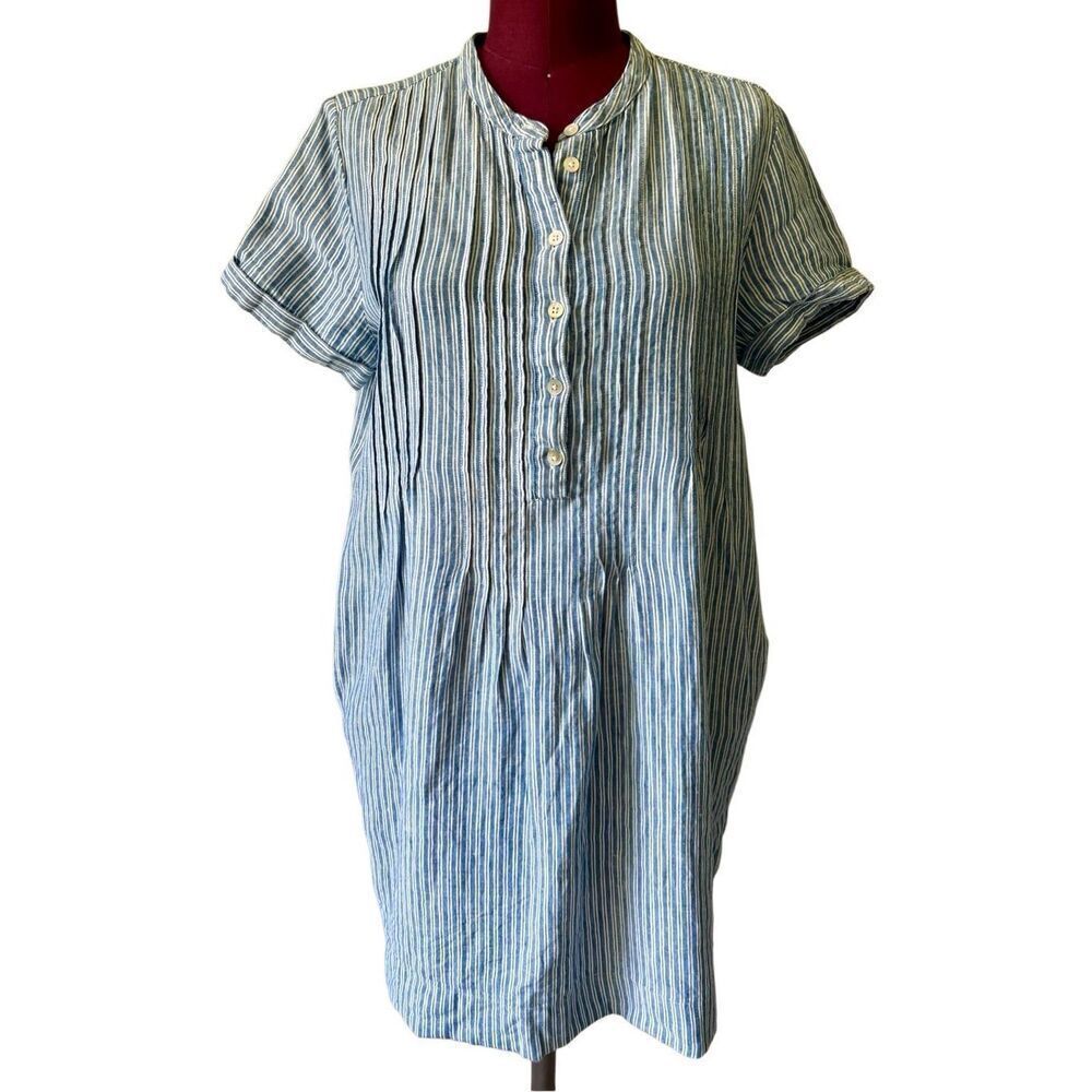 Faherty Gemina Linen Dress size S Short Sleeve Blue White Striped Pockets